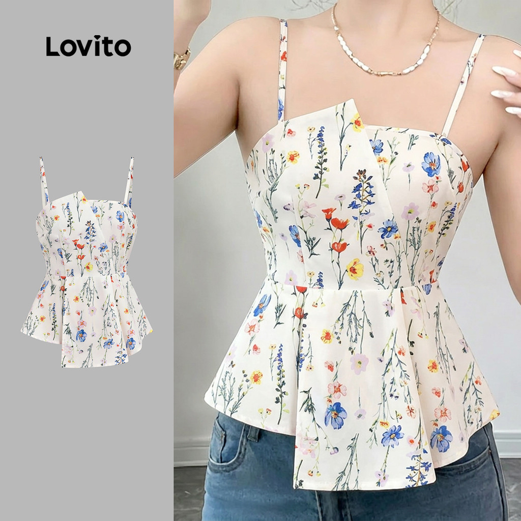 (New Arrival) Lovito Floral Boho Top Assimétrico de Camada Dupla com Flores Top 