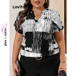 Lovito Casual Blusa Feminina Plus Size Curve Geométrica Primavera/verão LBL18308