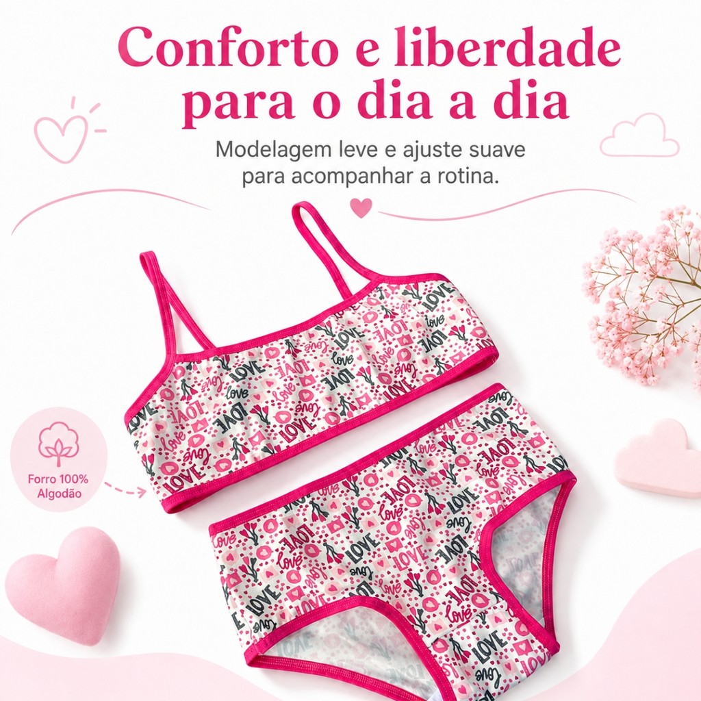 Kit 3 ou 5 Conjuntos Infantis Femininos Top e Calcinha Estampados Roupa Íntima Menina Mocinha