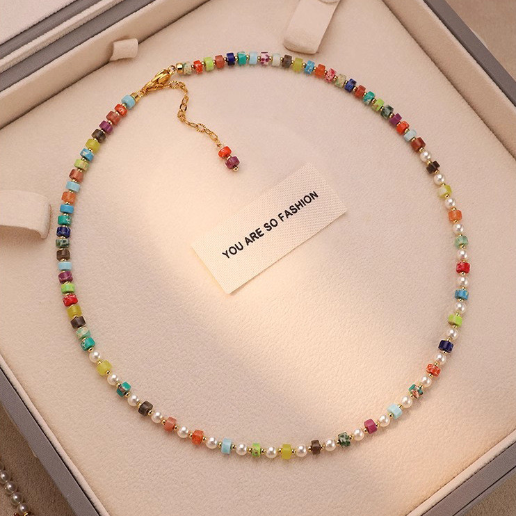 Colar de clavícula, colar de pérolas coloridas, acessórios, corrente de miçangas, colar feminino, pedra arco-íris, tendê