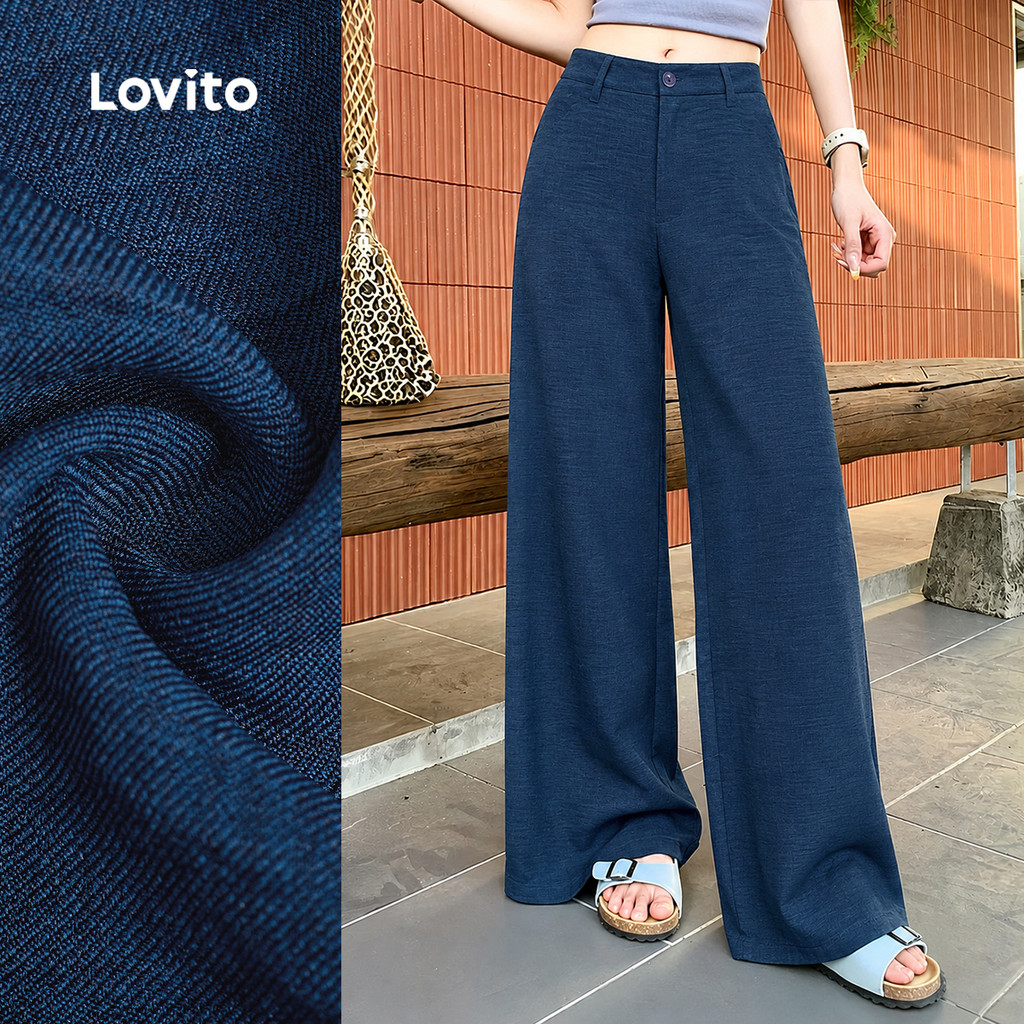 (New Arrival) Lovito Calça Casual Feminina Azul Marinho Simples de Primavera/Ver