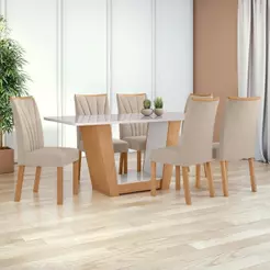 Conjunto de Mesa e Cadeiras Apogeu 6 Lugares Tampo em Vidro Veludo Amêndoa 170CM Móveis Lopas