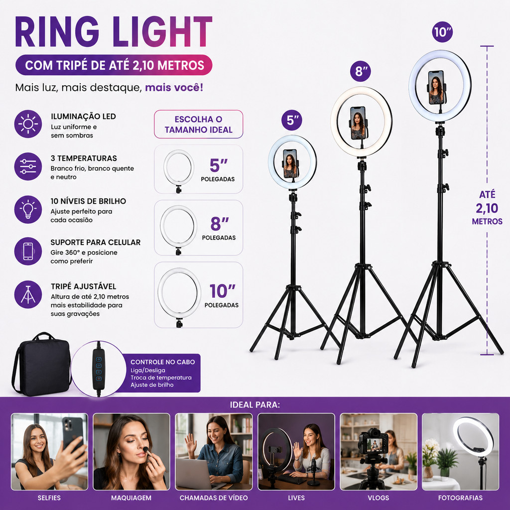 Ring Light Iluminador  6/ 8/ 10 Polegadas Com Tripé De 2.10 Metro
