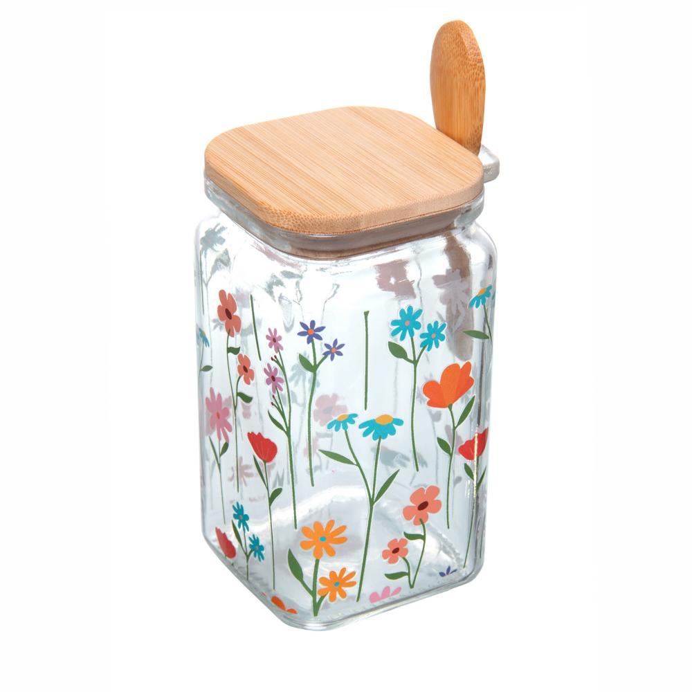 Pote Quadrado com Tampa e Colher de Bambu Jasmim 900ml Vidr