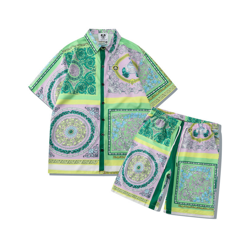 [Novo produto] Conjunto de cardigã Casual de praia fruta flor verde impressão Digital Shorts soltos conjunto de camisa m