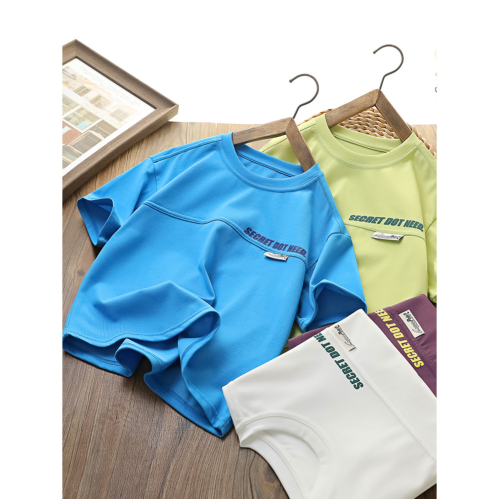 Meninos em torno do pescoço de manga curta verão 2026 novo estilo moda infantil fino camiseta médio grande crianças All-
