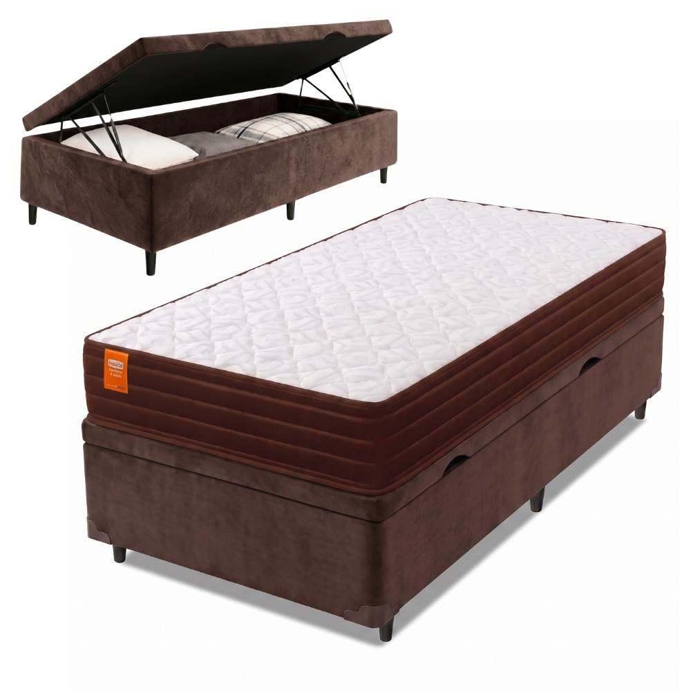Cama Box Baú Solteiro Colchão Molas Qatar 88x188x63cm Marrom / Branco - Suporta até 200Kg