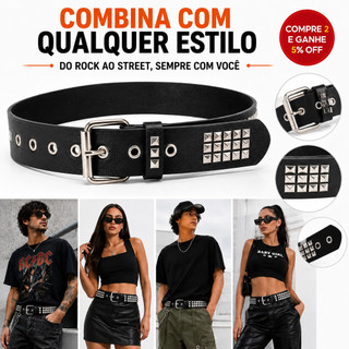 Cinto Punk Feminino Preto com Rebites Quadrados para Calça Jeans Vestido e Shorts