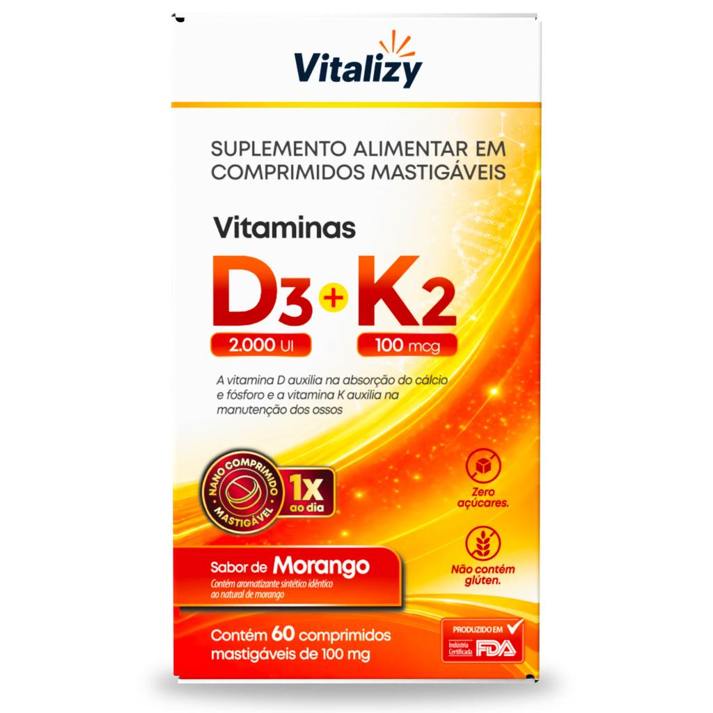 Vitamina D3 + Vitamina K2 MK7 Original 60 Comprimidos Mastigáveis Sabor Morango Zero Açúcar Sem Glúten Vitalizy