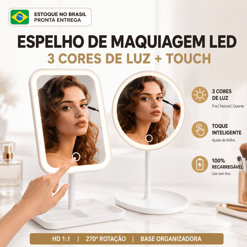 Espelho de Maquiagem LED Mesa 3 Cores Recarregável Touch Luz Ajustável HD 270° Portátil USB