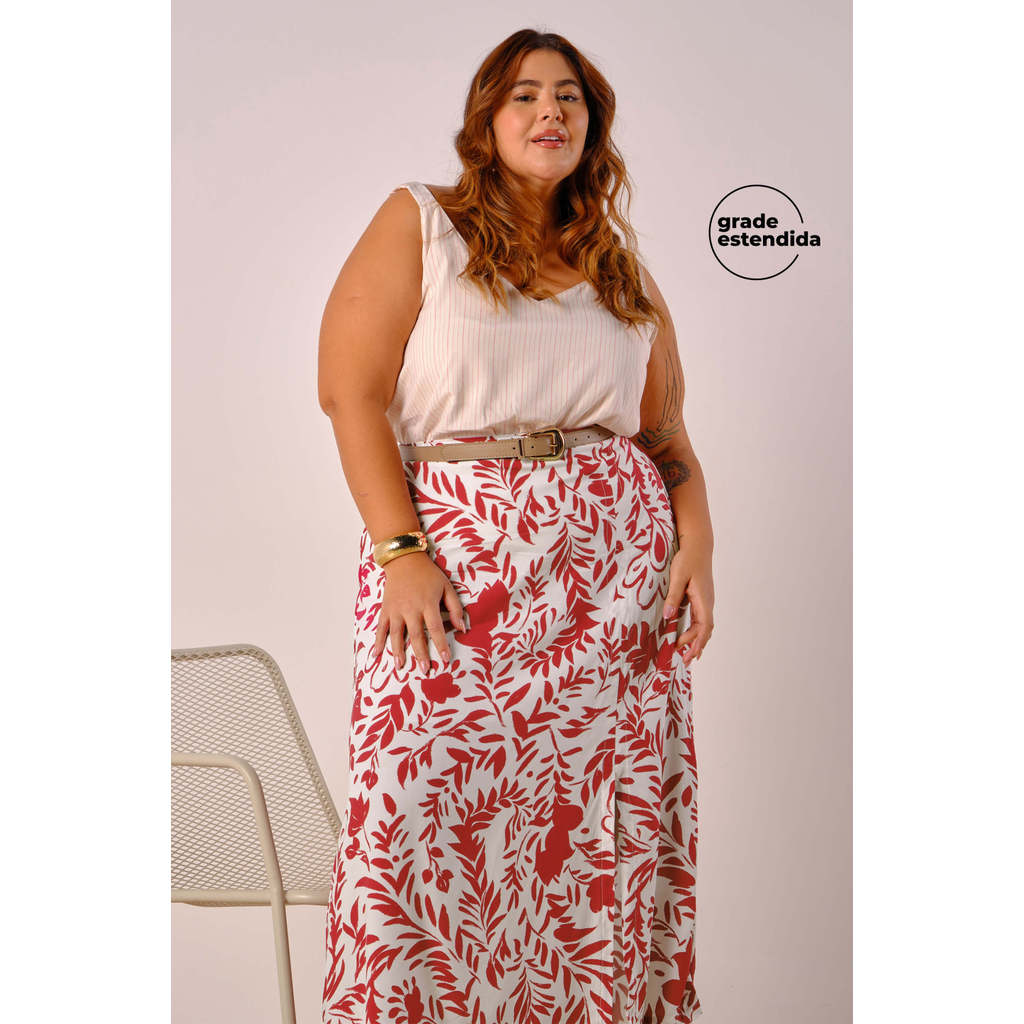 Saia Feminina Midi Floral Com Fenda Marialícia Bege