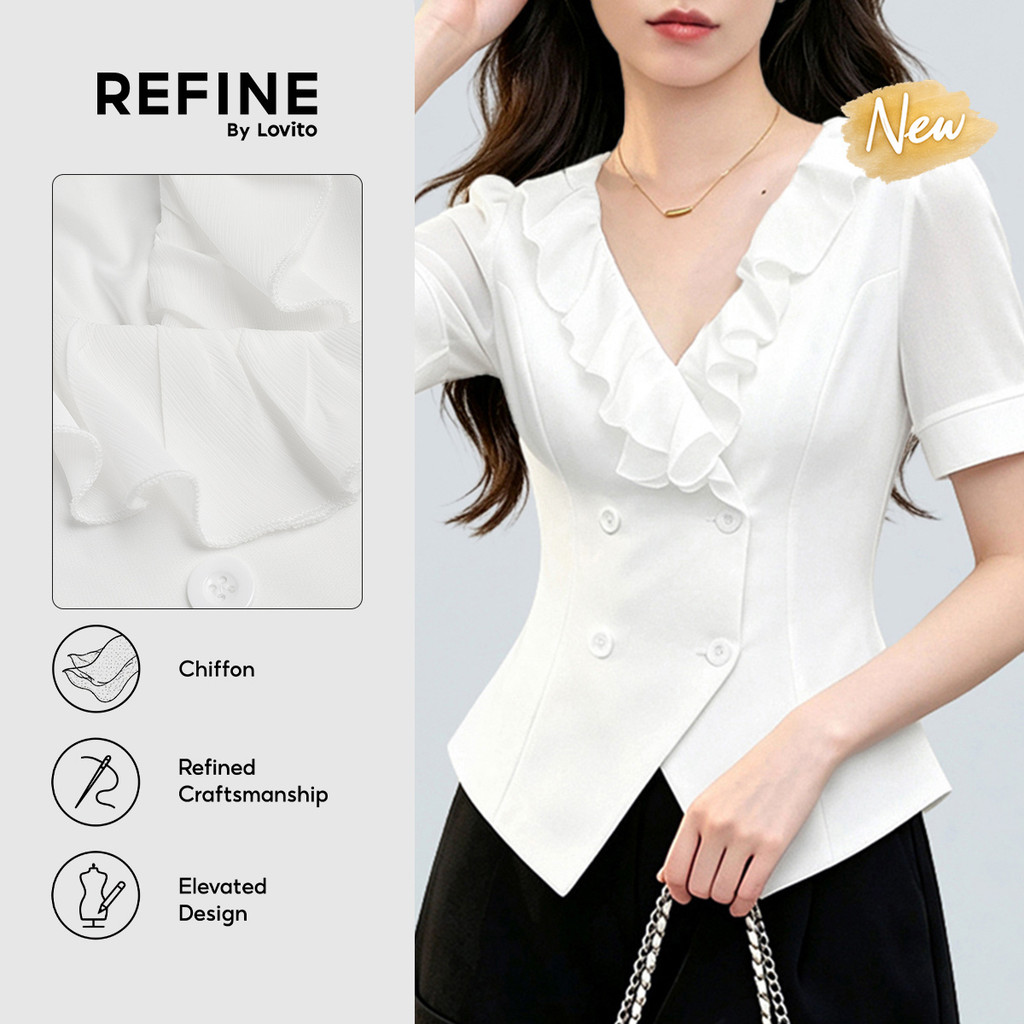 (New Arrival) (Refine by Lovito) Blusa Branca De Chiffon Com Gola Babado Manga Curta Botão Duplo E Costura De Tecido Para Trabalho Feminino BLR43P1D089