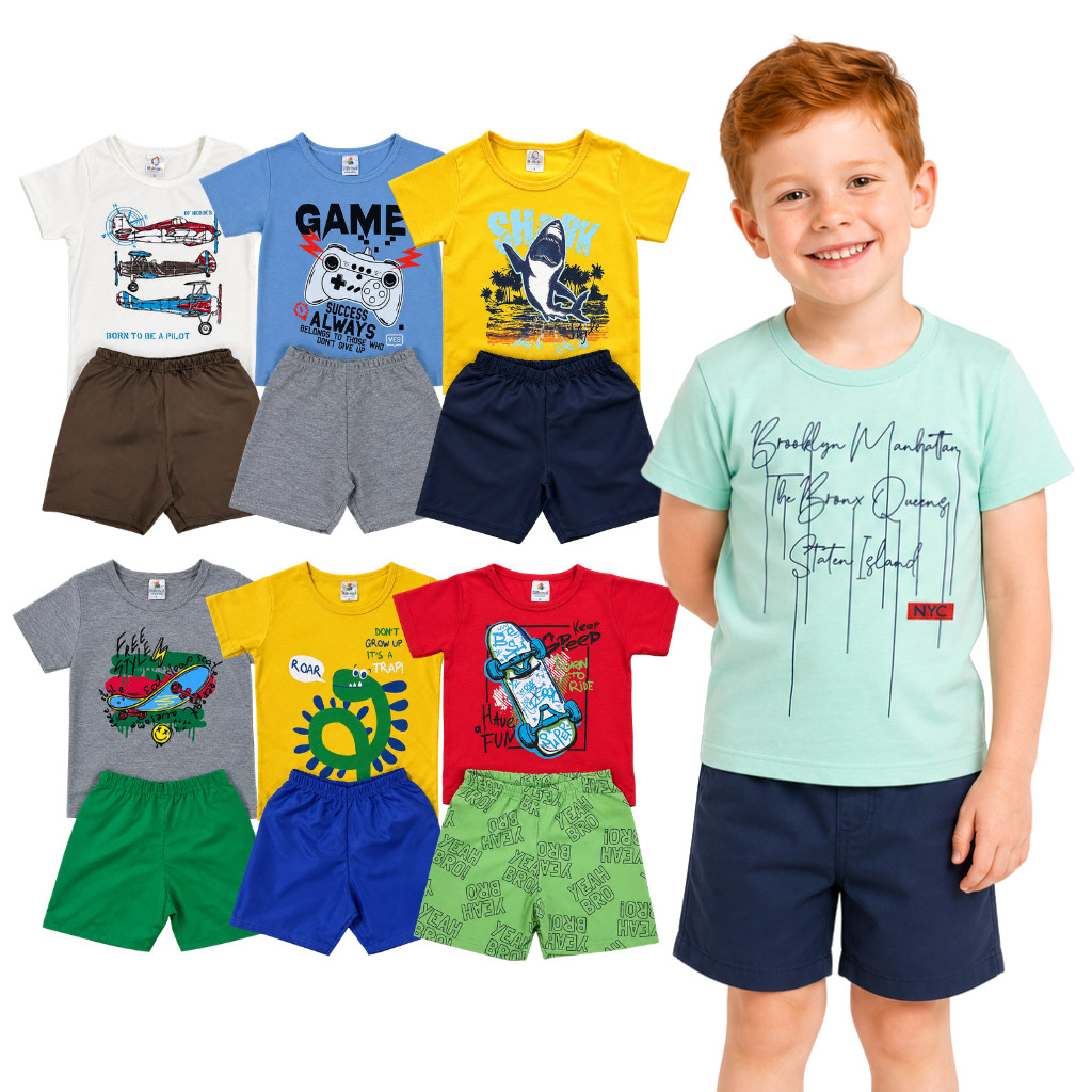 Kit 6 Peças Verão Infantil Roupa Menino Estampado Sortidos Camiseta + Short/Bermuda 3 Conjuntos
