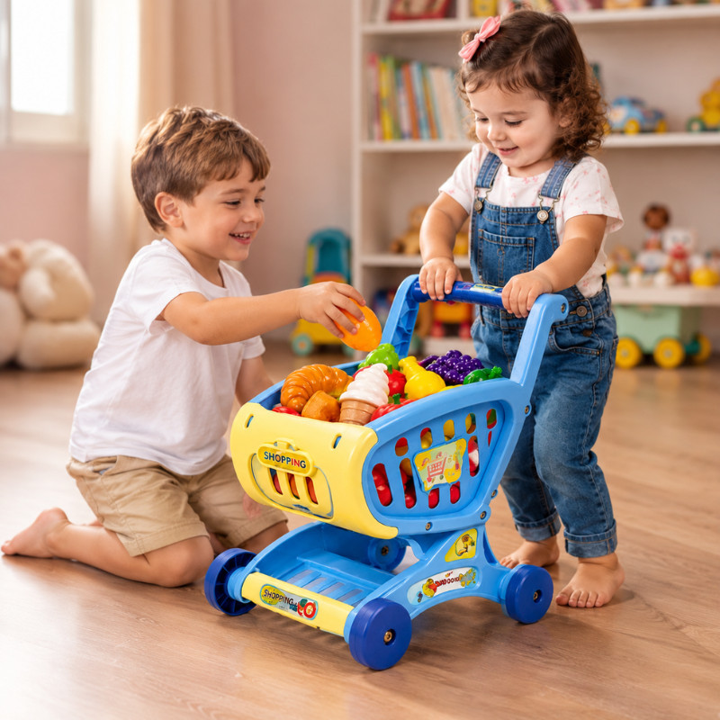 Carrinho De Compras Infantil Com Acessórios 24 Peças Brinquedo Educativo Mercado Faz De Conta