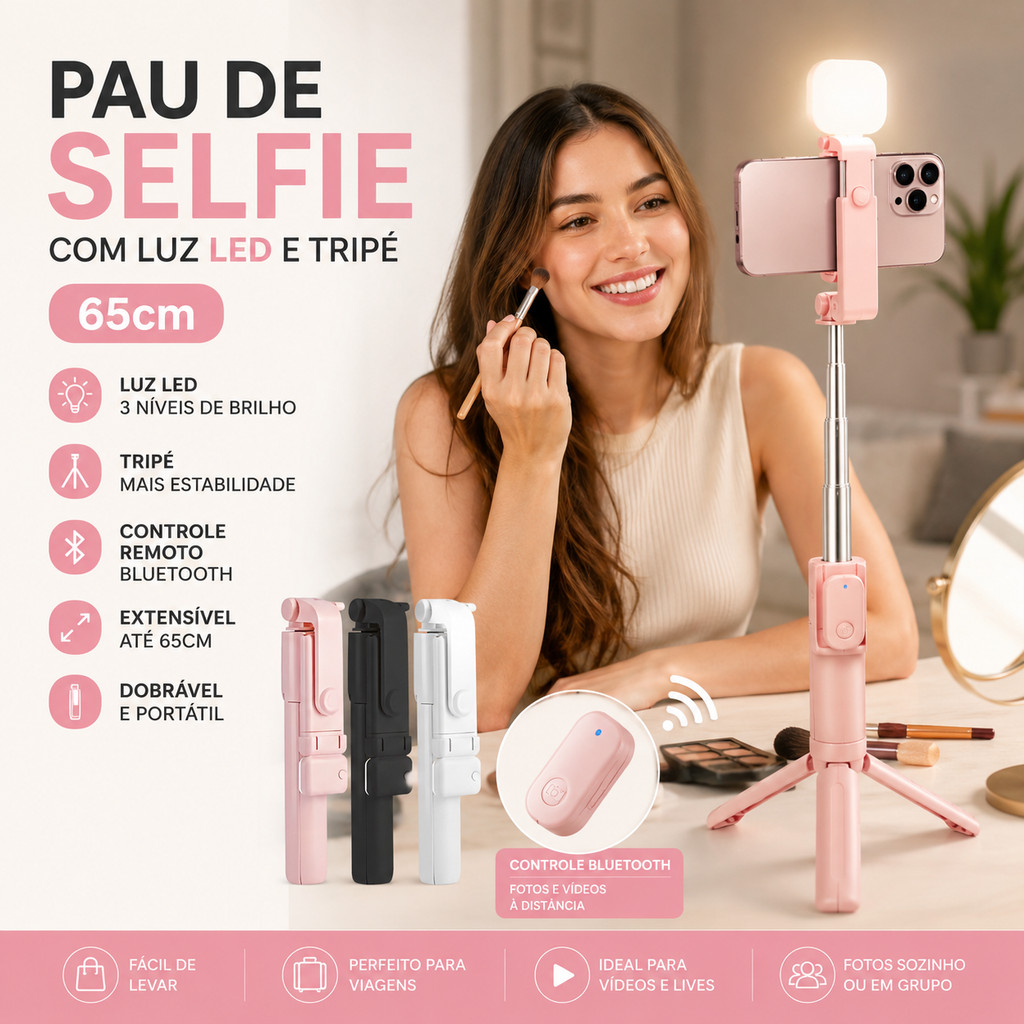 Pau de Selfie 65cm com Luz LED Tripé Bluetooth para Celular TikTok Reels Live