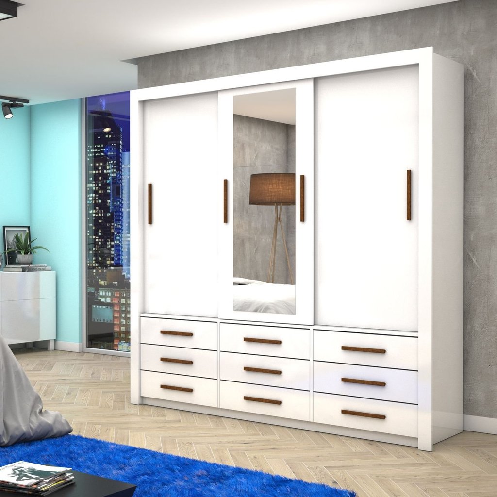 Guarda-Roupa Casal com Espelho 3 Portas de Correr Anjos Branco Branco