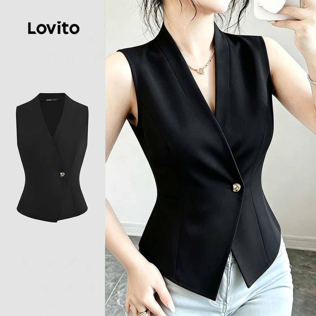 (New Arrival) Lovito Blusa Preta Elegante com Botão Superior Assimétrica Primavera/verão para Mulheres LK7ED563