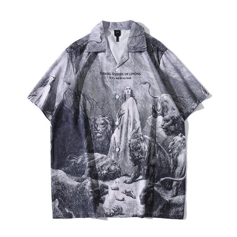 Camisa masculina retrô havaiana de manga curta retrô rufião bonito estilo rua solto estampado férias à beira-mar Top Cas