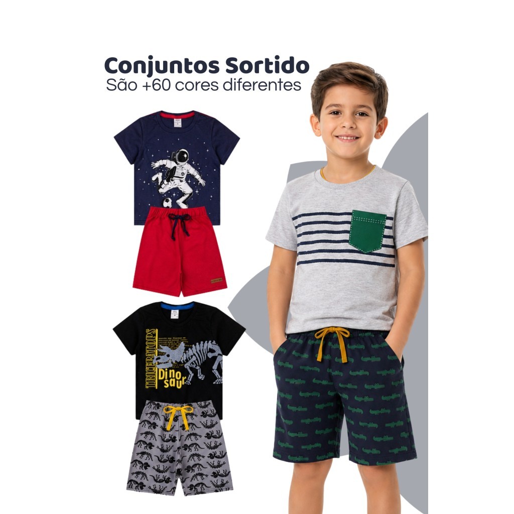 Kit Sortido 4 Peças de Roupas Infantil Menino Verão (camisetas + Bermudas) Conjuntos Masculino Calor