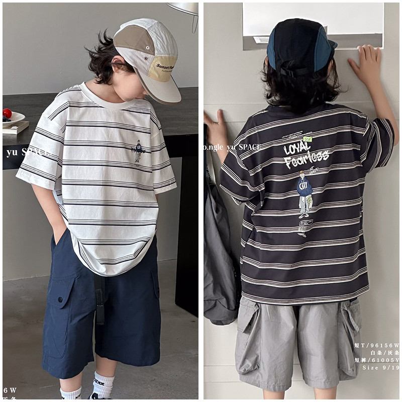 Crianças feliz peixe roupas infantis listrado dos desenhos animados camiseta de manga curta 26 verão novos produtos meni
