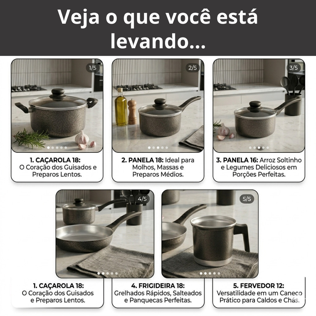 Jogo de Panelas MARF Kit 5 Peças Tampa de Vidro Kit Cozinha Completa + kit com 3 espátulas Frigideira Leiteira Panelas