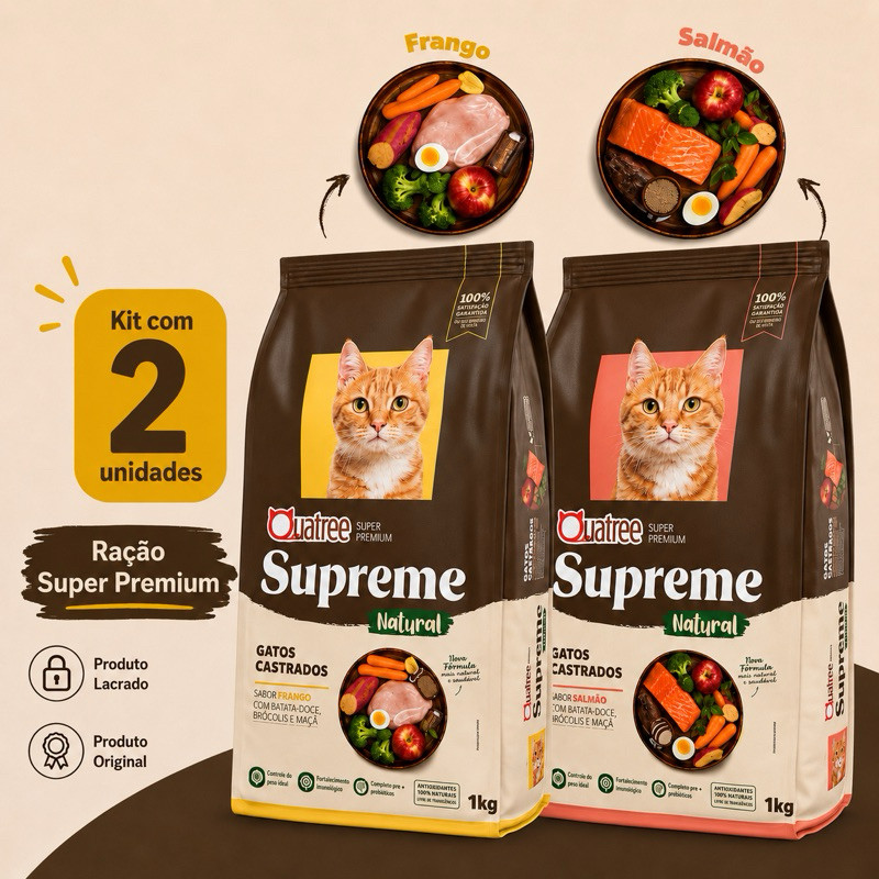 Kit com Ração para Gatos Quatree Supreme Ração Gatos Castrados 1kg  Controle de Pelo Nova Formula