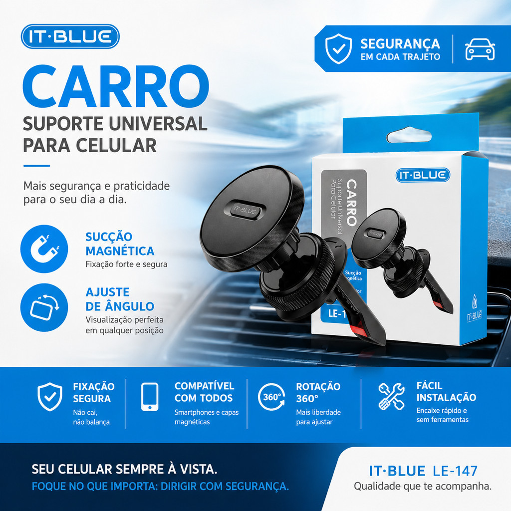 Suporte Veicular Magnético IT-Blue LE-147 para Carro Rotação 360°, Fixação em Saída de Ar, Forte Imã, Estável e Compacto