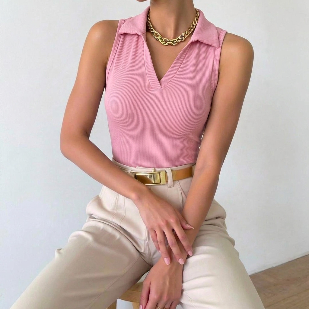 Blusa Feminina Regata Gola Polo Ribana Canelada Premium Elegante Casual Estilosa