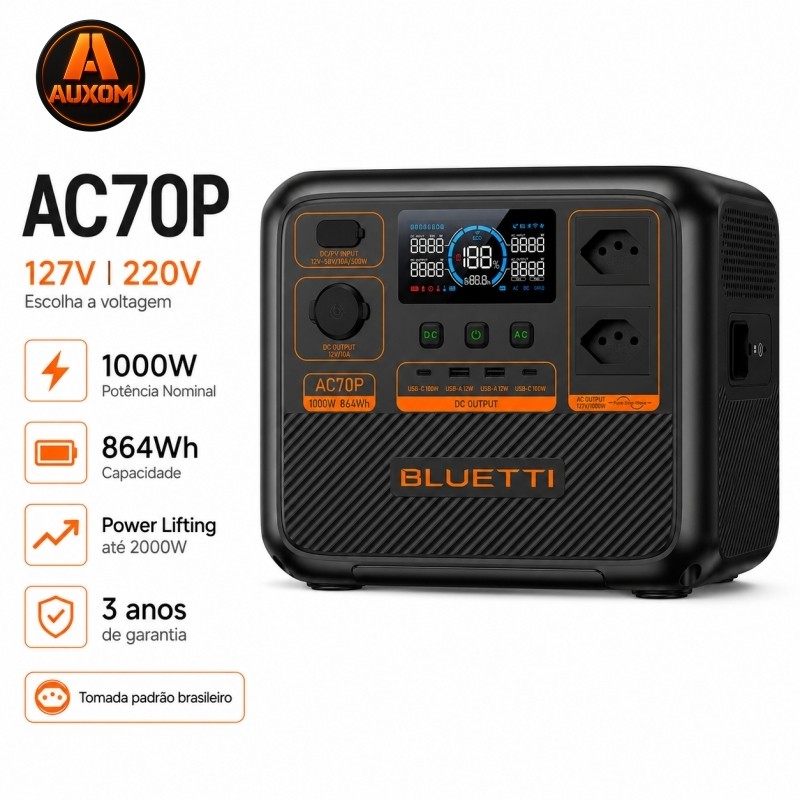 Estação de Energia Portátil BLUETTI AC70P 1000W 864Wh LiFePO4 127V/220V UPS Gerador Solar