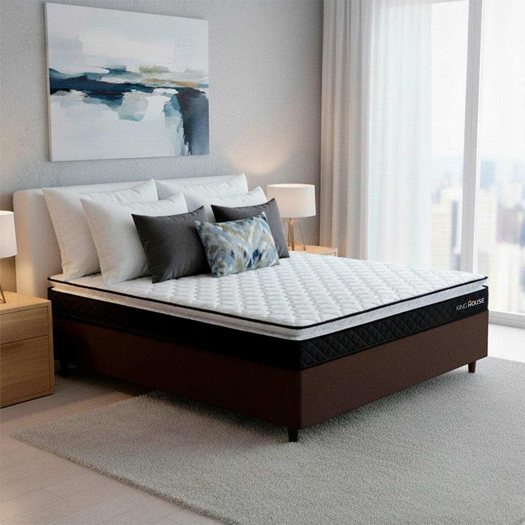Conjunto Cama Box Casal Dakota Preto 138x188x57 Espuma D33