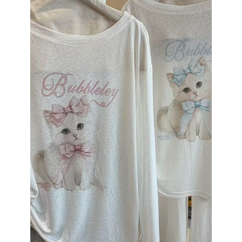 2026 primavera verão versão coreana solto dos desenhos animados impresso gato de manga comprida camiseta feminina de um 