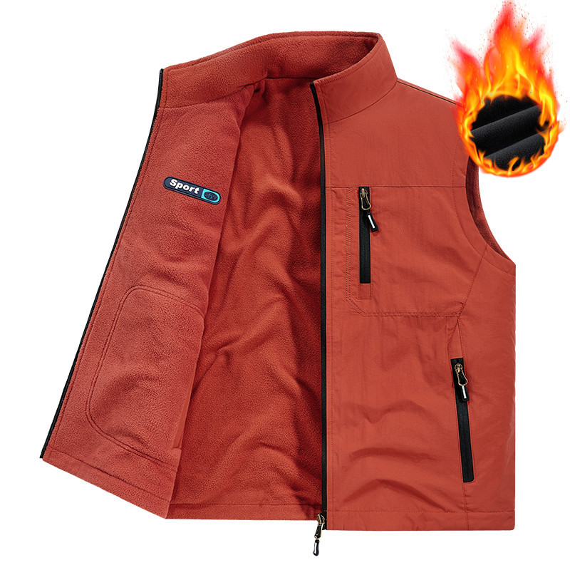 [Fleece adicionado] Colete de venda quente com zíper ao ar livre Colete Casual com vários bolsos Colete masculino Colete
