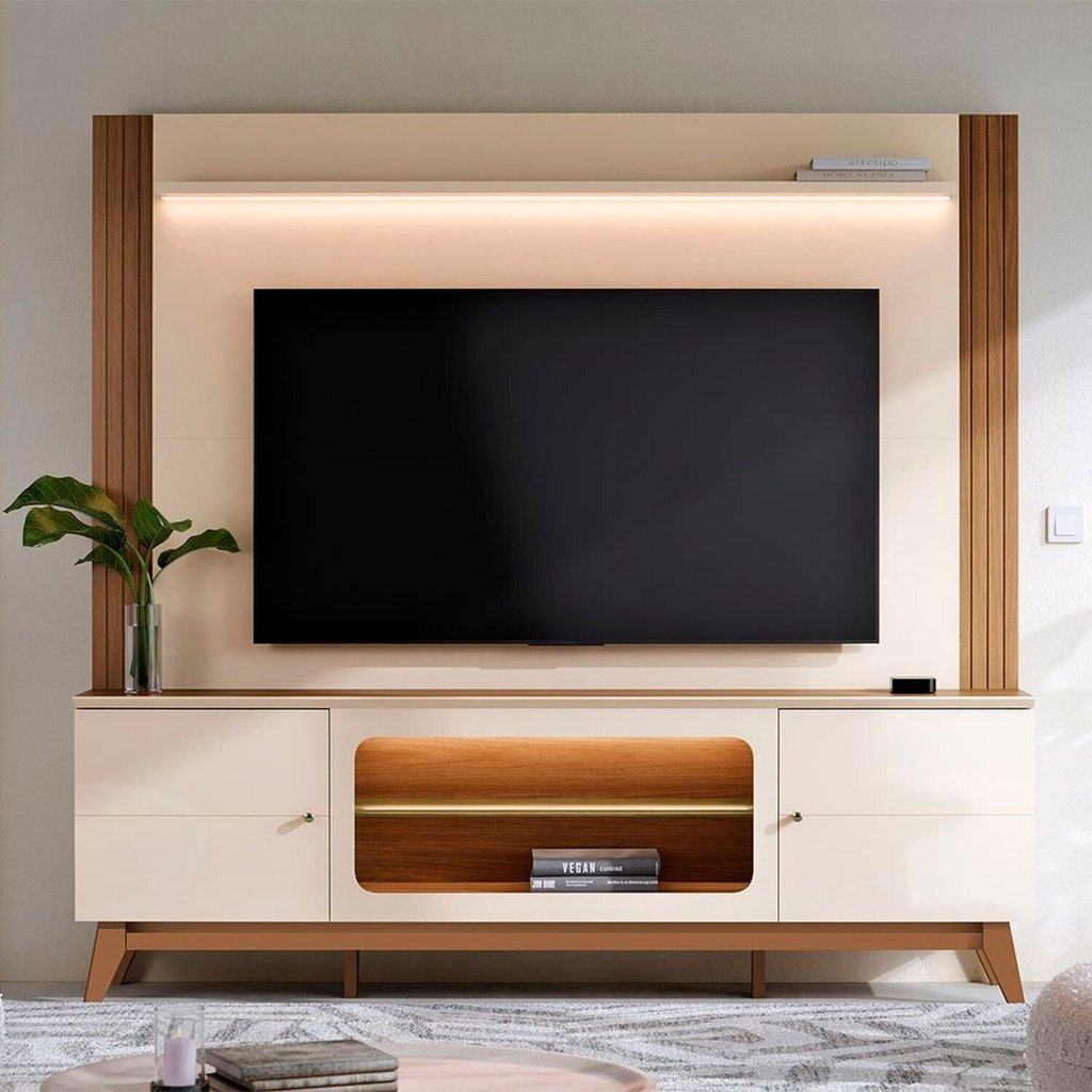 Estante para TV e Home Theater até 75 Polegadas MDF 198,4cmx188,5cm Maceió Bege Off White/Amêndoa Off White/Amêndoa