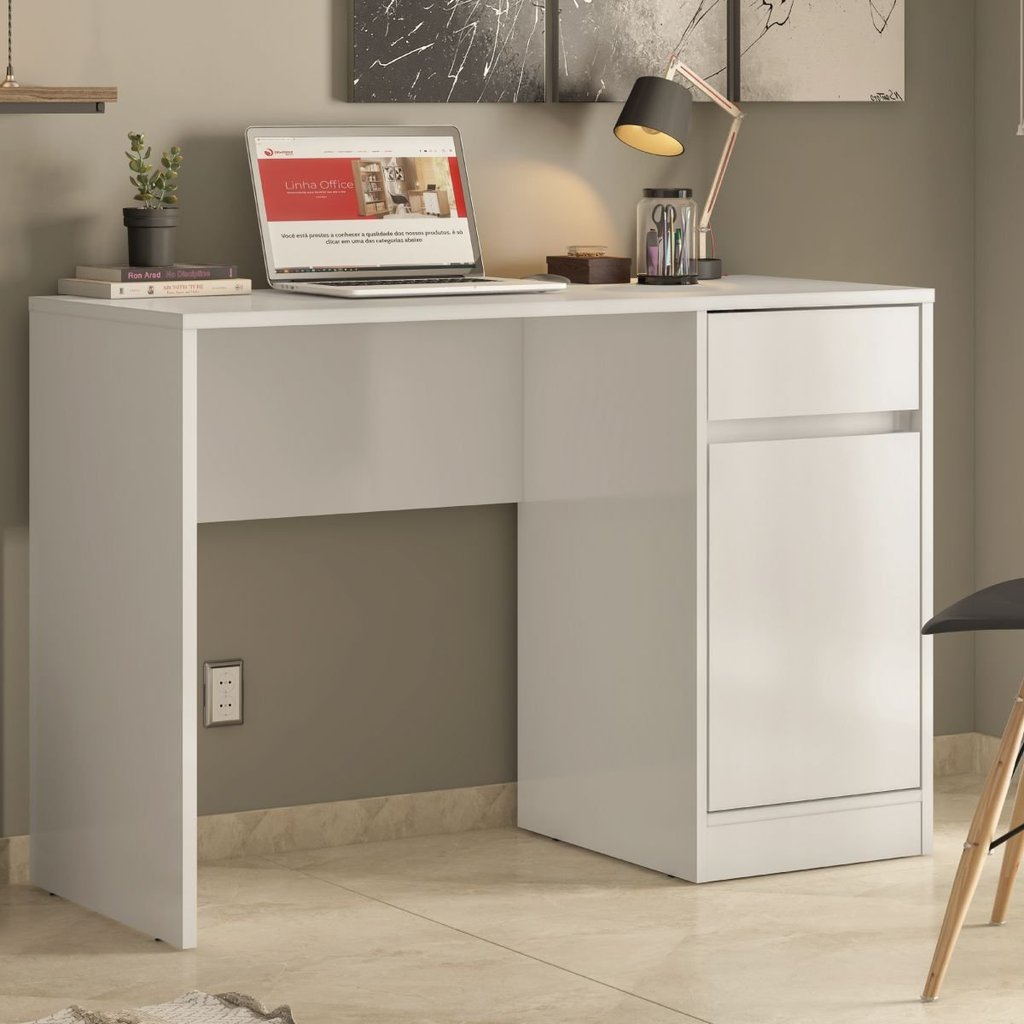 Escrivaninha Mesa Escritório Office Morada 1 Gaveta 1 Porta 109cm Branca Branca