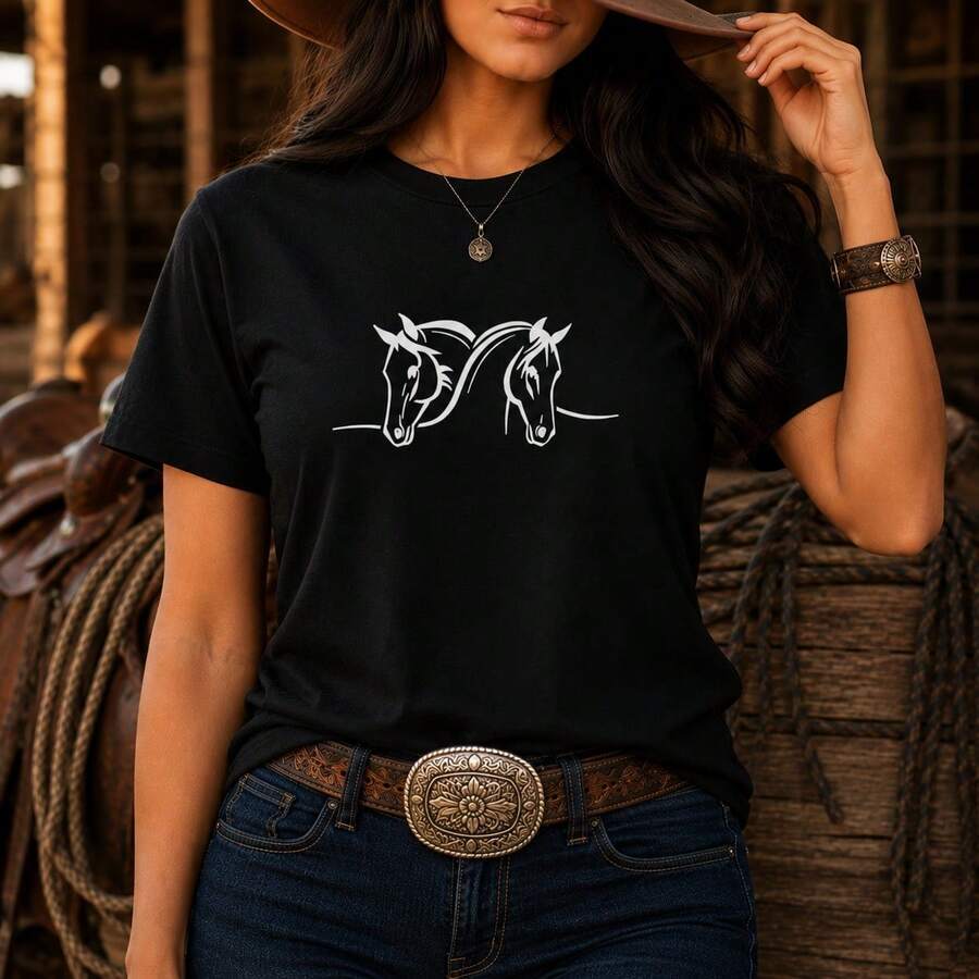 Camiseta Feminina Country Estampa Cavalos Manga Curta Gola Redonda Casual Blusa Feminina Básica T Shirt 100% Algodão