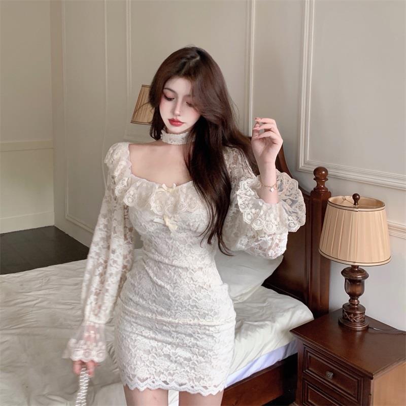 [Novidades] Vestido de renda escovada feminino cintura estreita justa saia coberta de quadril laço longo