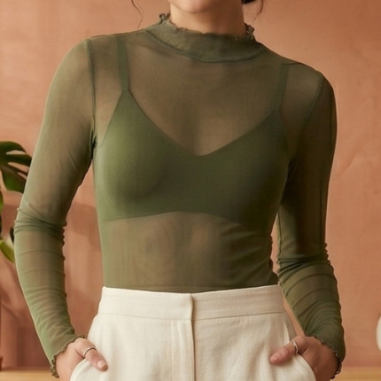 Body Blusa Verde Oliva Feminina Manga Longa Transparente Segunda Pele Elegante · foto 2