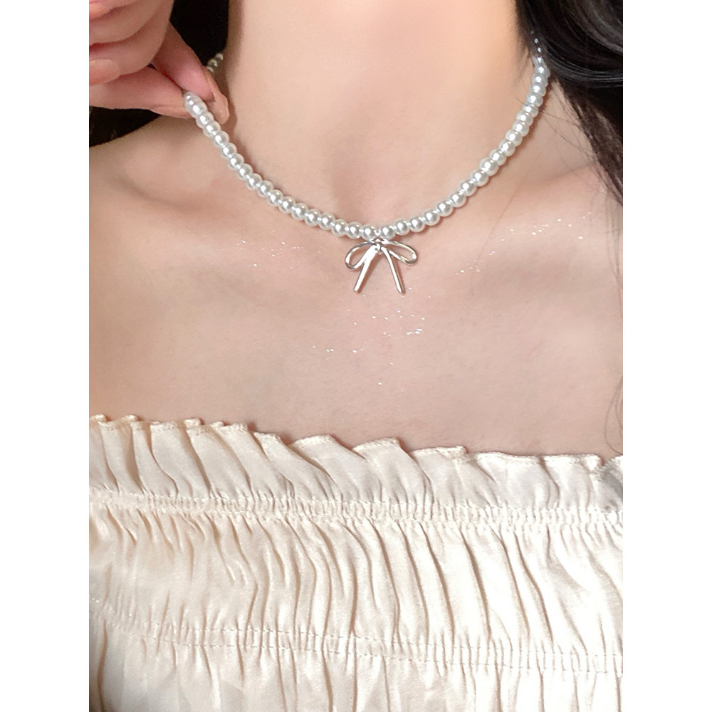 Colar de pérola branca acessórios feminino simples corrente arco pingente colar luz luxo nicho clavícula corrente colar 