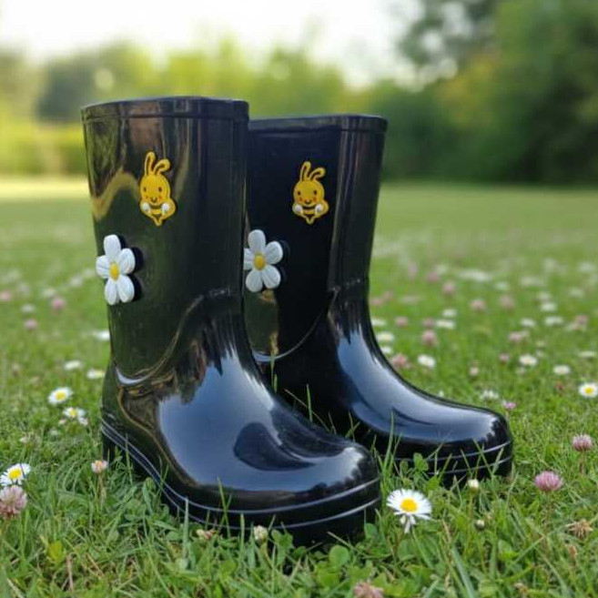 Galocha Infantil Menina Glitter Prata Bota Chuva Abelha Flor Macio Confortável Antiderrapante