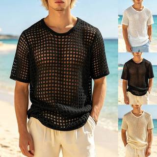 Verão malha perspectiva boate palco desempenho férias camiseta europeu americano masculino em torno do pescoço oco solto