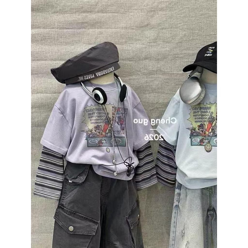 2026 crianças primavera camisa de manga comprida em torno do pescoço na moda listrado Casual camiseta meninos solto
