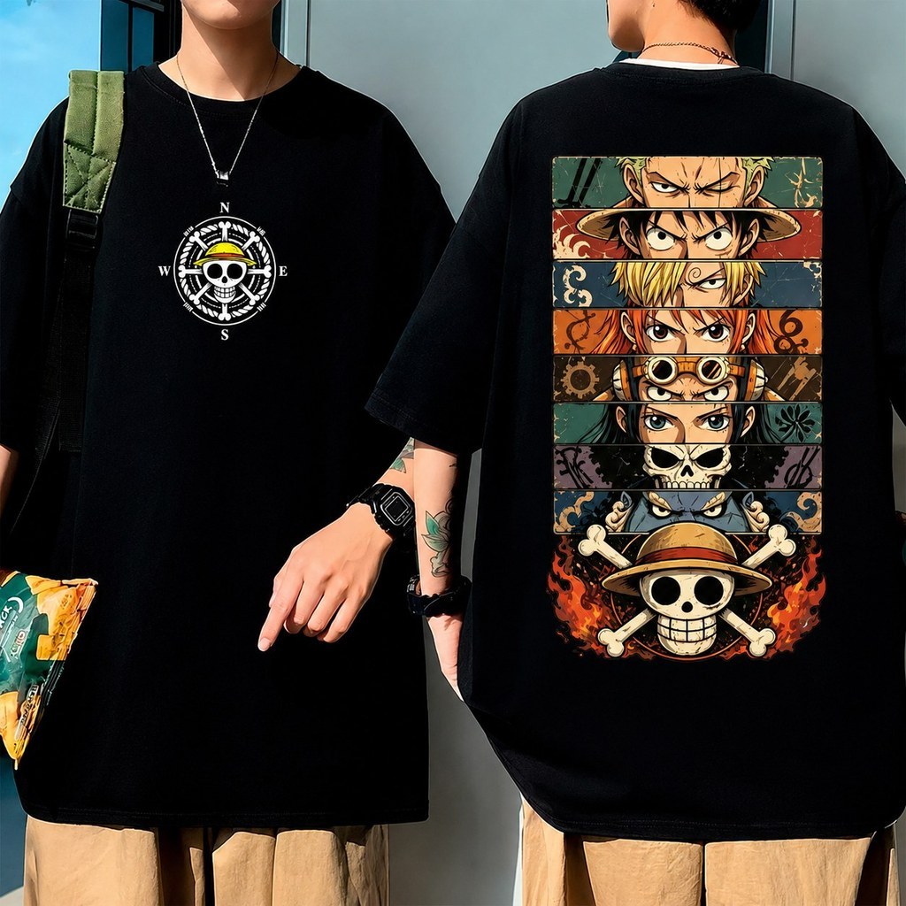 Camiseta One Piece Tripulação Chapéu de Palha Anime Algodão Envio Rápido