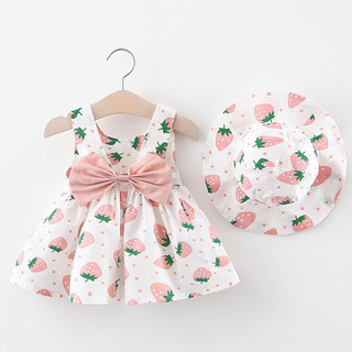 Vestido para menina com estampas grandes, frescas e fofas de morango, acompanha um chapéu, vestido infantil.