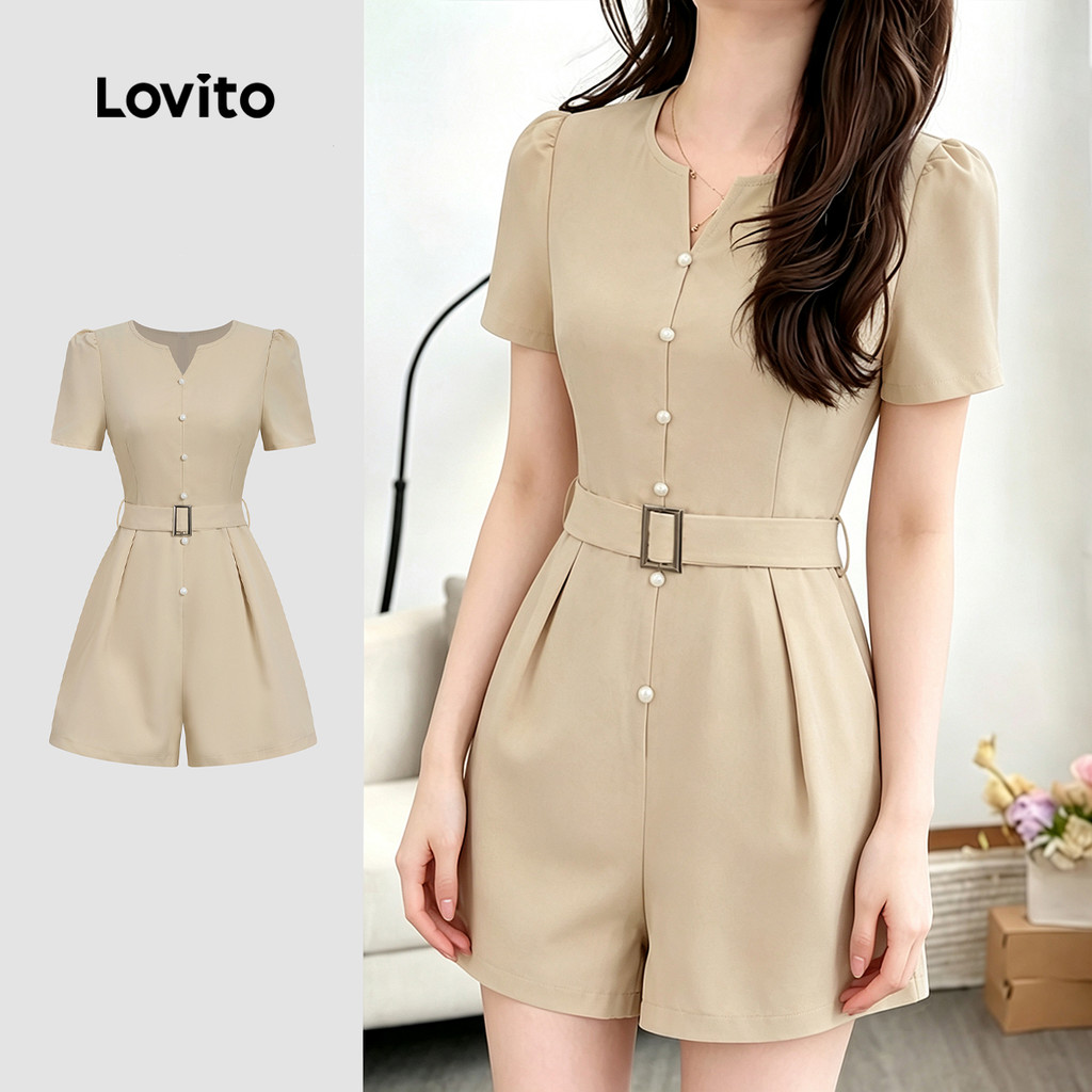 Lovito Macacão Elegante com Cinto Casual Primavera/verão Leve Cor Caqui Claro para mulheres L199ED103