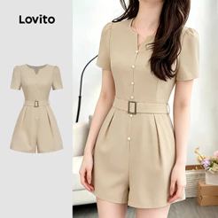Lovito Macacão Elegante com Cinto Casual Primavera/verão Leve Cor Caqui Claro para mulheres L199ED103