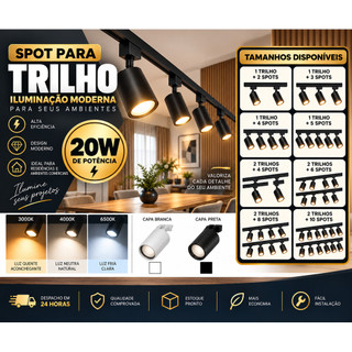 Trilho com Spot Led Eletrificado 1m ou 2m Spot 20W Sobrepor Teto Gesso Preto Branco - Kit Iluminação Bivolt Eletrificado