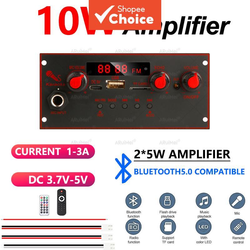Placa Amplificadora Bluetooth 10W 2×5W 3.7-5V Mini Módulo de Áudio com MP3 FM USB TF AUX Entrada de Microfone, Controle