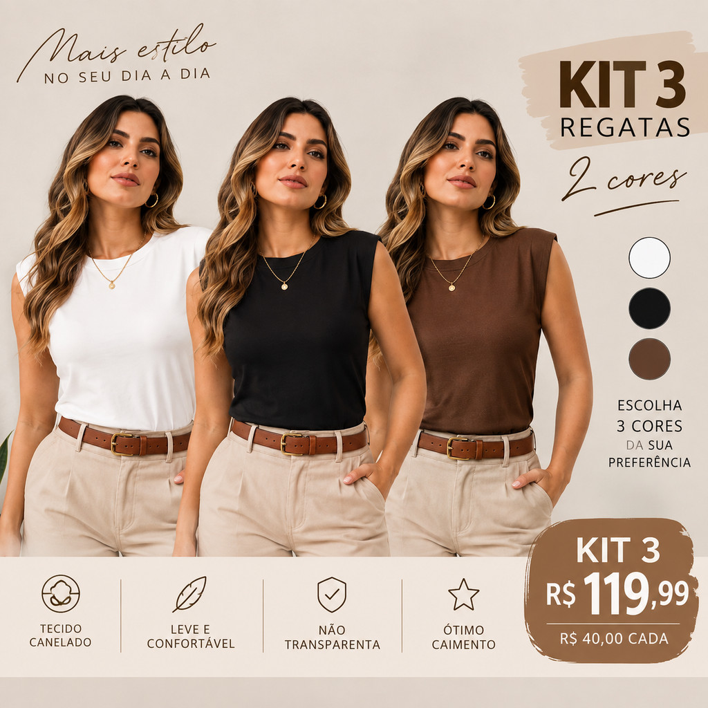 kit 3 Blusas Feminina Muscle tee Lisa Ribana Canelada Gola Redonda Básica Social Elegante