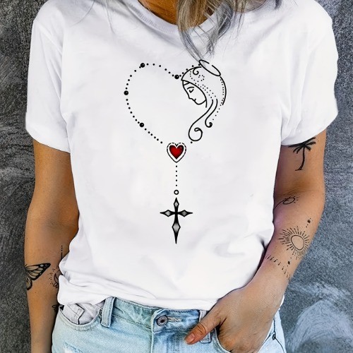Camiseta Blusa Feminina Oversized Terço Coração de Maria Fé Religiosa 100% Algodão Estampada