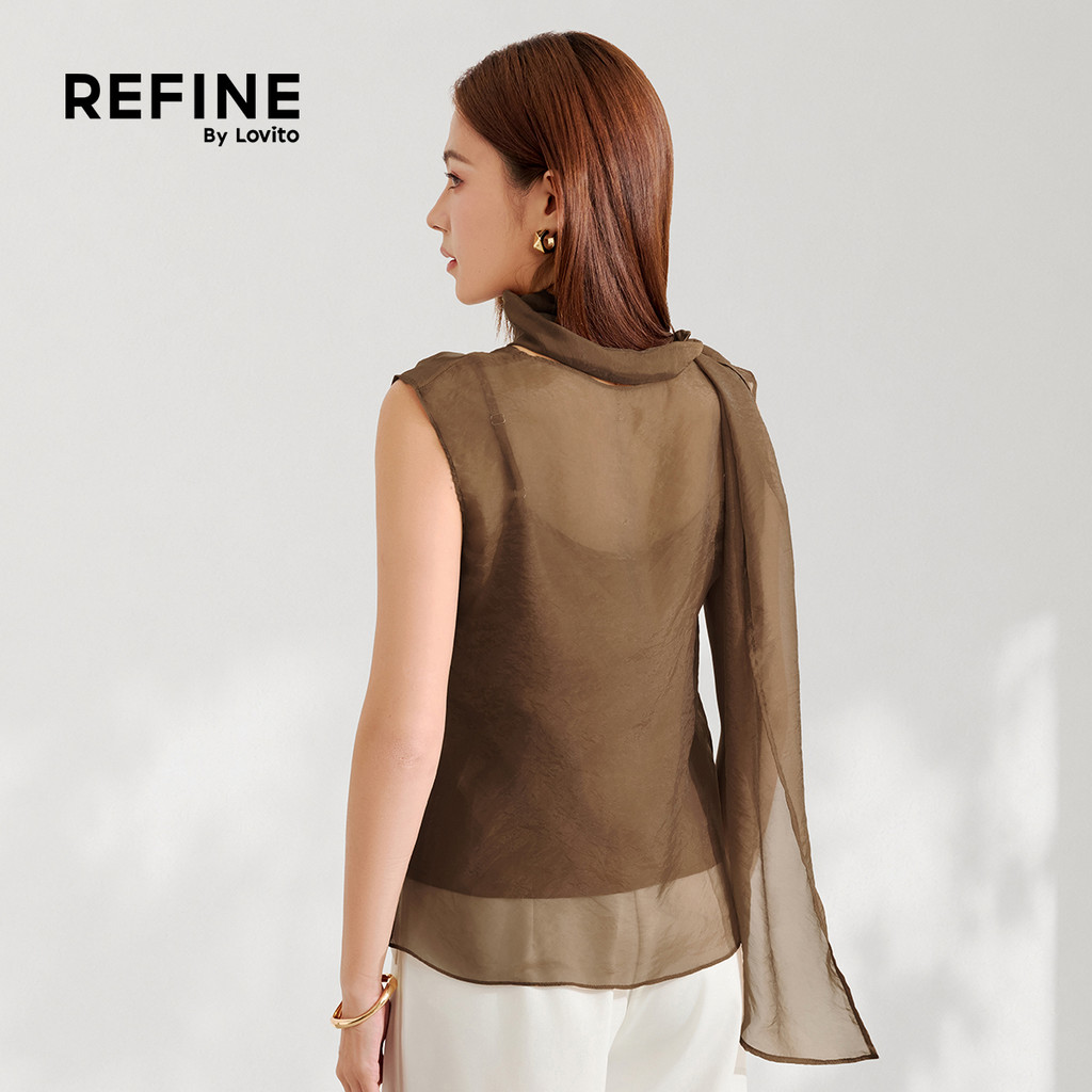 (New Arrival) (Refine by Lovito) Blusa Feminina Marrom Sem Mangas Gola V respirável 2 peças Com amarração E Tela BLR44P1D083 — imagem 2 de 2